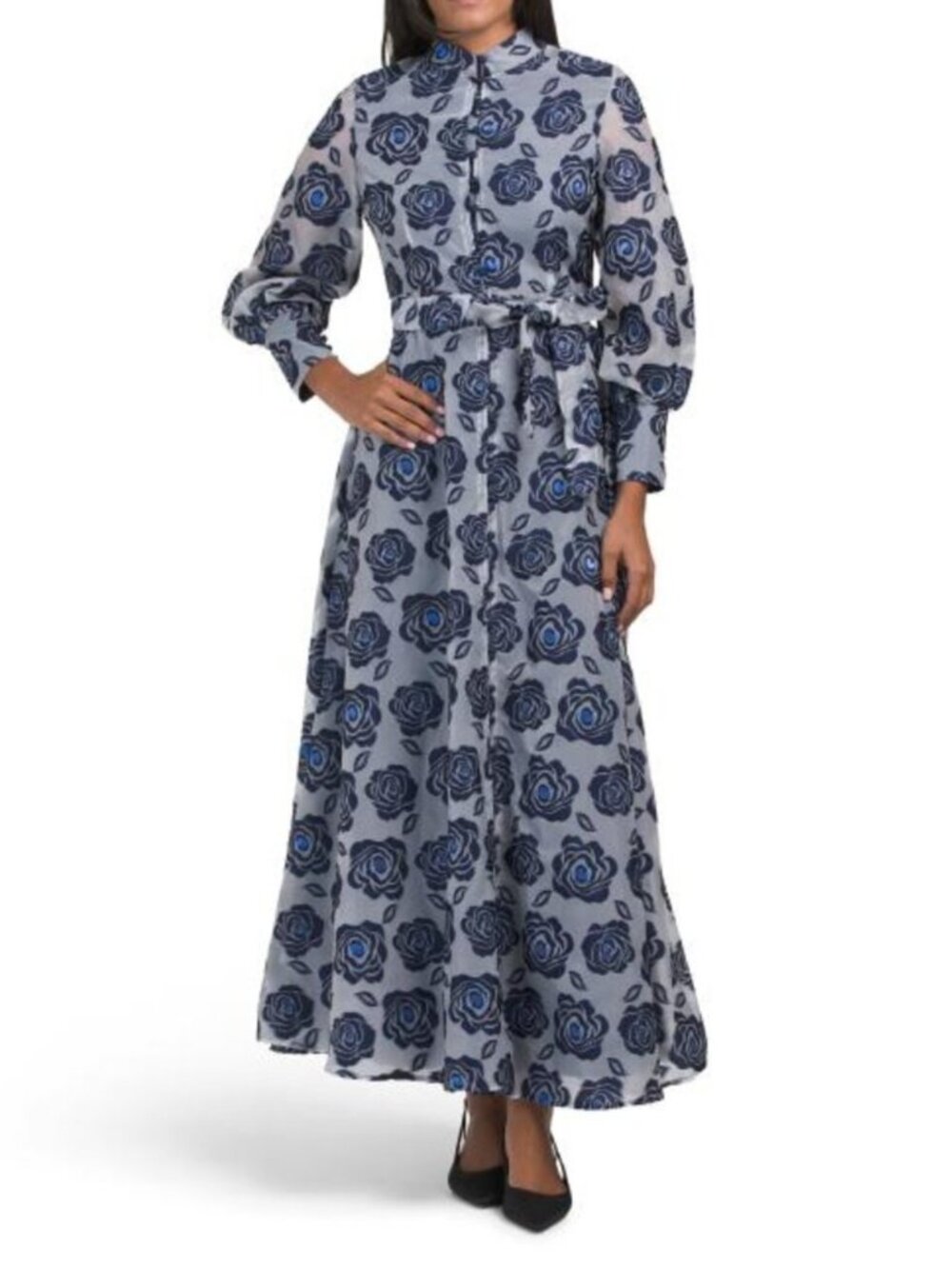 DALIA MACPHEE Long Sleeve Floral Embroidered Maxi Dress With Buttons